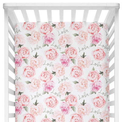 Sugar + Maple Crib Sheet - Peach Peony Blooms